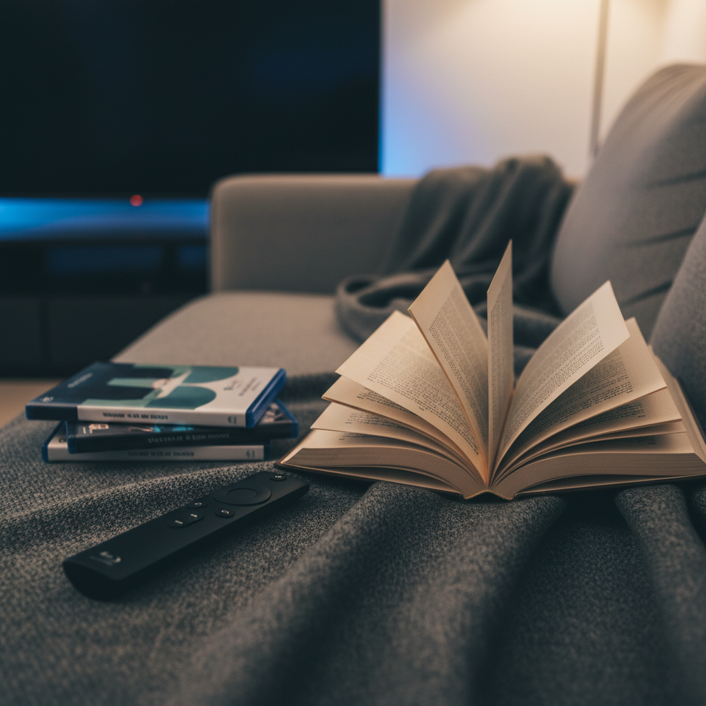 An open paperback novel with delicate, slightly yellowed pages lies face-up on a charcoal-gray wool blanket, its spine gently curved as if mid-reading. Nearby, a sleek black remote control and a small stack of neatly arranged Blu-ray cases with understated, artful covers hint at an upcoming film session. The scene is set on a fabric sofa with soft, visible texture, backed by a blurred television screen that emits a muted, cool glow. Only the book and surrounding objects are in sharp focus. Low, warm lamp light combines with the faint blue of the screen, creating a cozy yet modern photographic realism. Shot from a close, slightly diagonal angle, the composition suggests intimate, quiet moments spent between pages and frames.