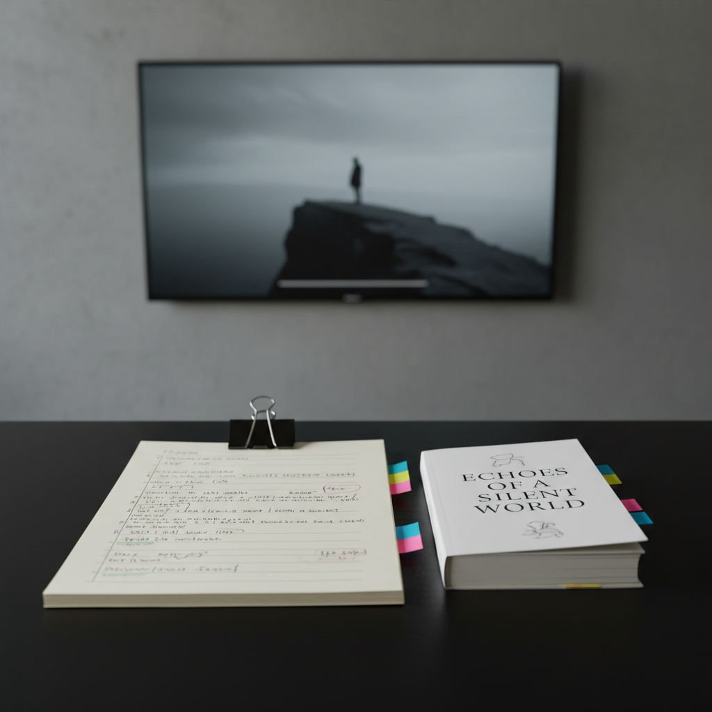 A close-up, photographic realism shot of a neatly annotated script laid beside a novel adaptation of the same story, both resting on a matte black table. The script pages, held with a simple black binder clip, display clean, organized margin notes in fine, dark ink and color-coded sticky tabs. The paperback novel, with a minimalist white cover and restrained typography, has several dog-eared pages. In the softly blurred background, a large, wall-mounted television displays a paused, desaturated film scene. Cool, diffused studio-style lighting from above evenly illuminates the paper textures and slight gloss on the ink, while subtle shadows lend depth. The composition is tightly framed from above, creating an analytical, professional atmosphere that underscores the relationship between written and filmed narratives.